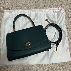 Coach Tilly Leather Crossbody Handbag Purse Top Handle, dark jade green
